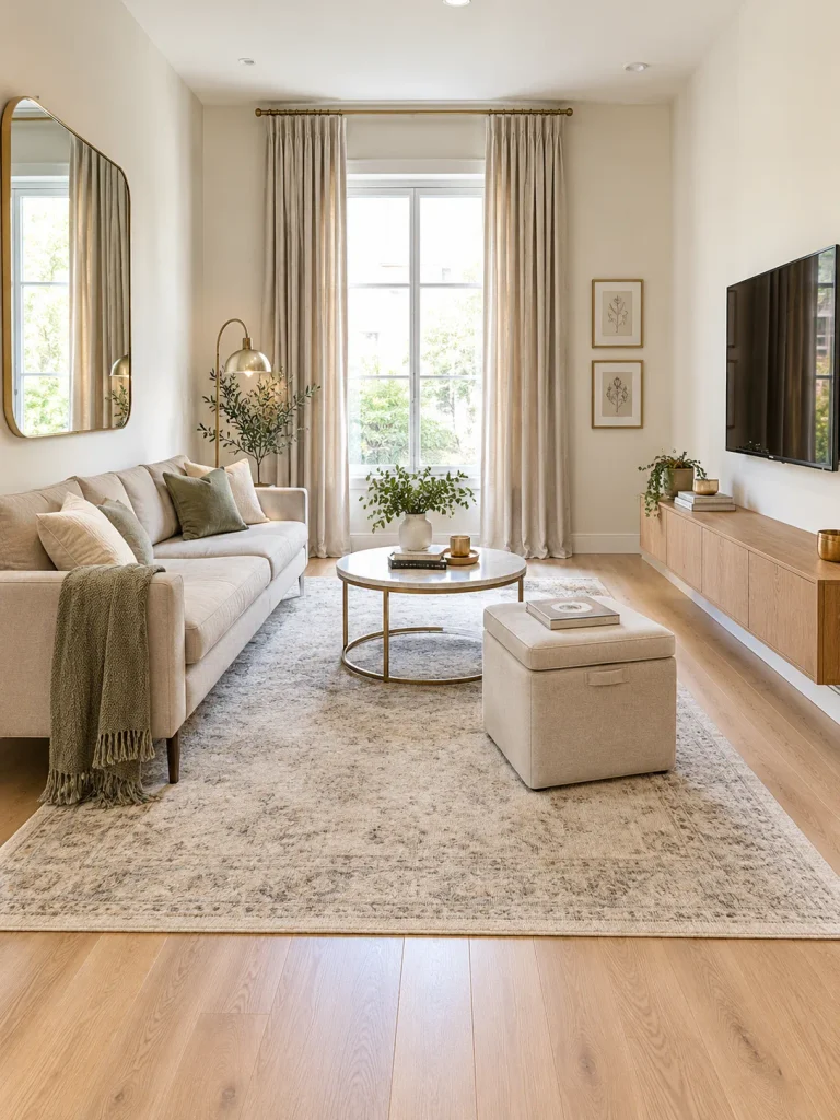 Small living room with slim sofa, large mirror, and storage ottoman