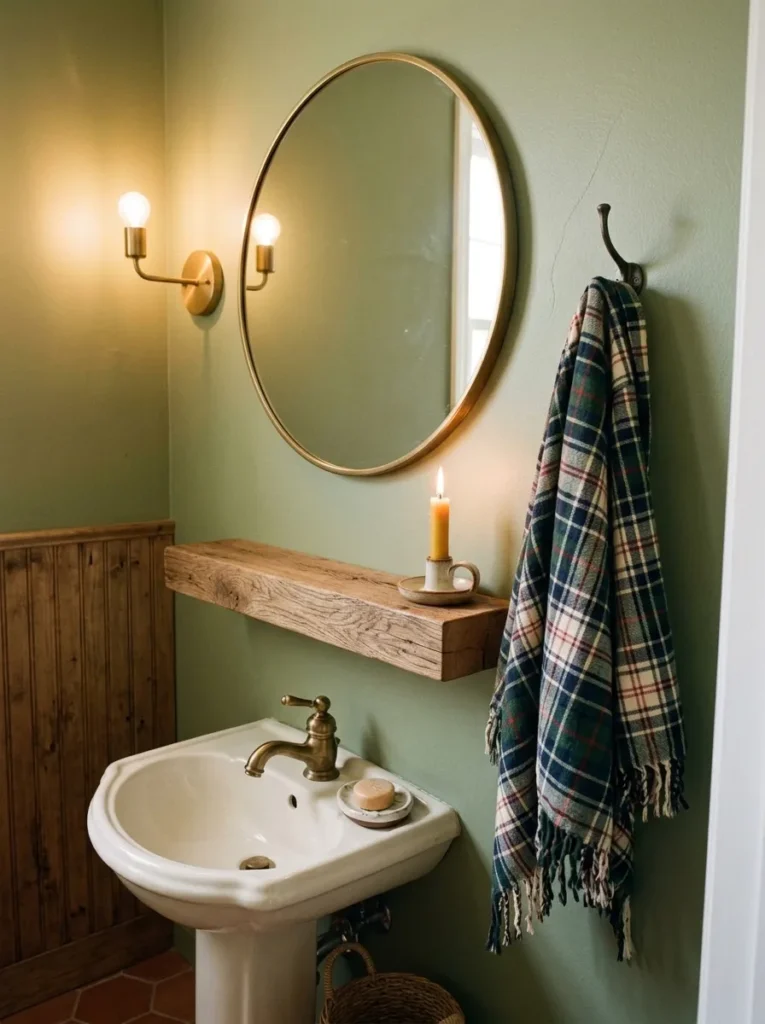 Small powder room with budget friendly cabin bathroom decor and a floating shelf