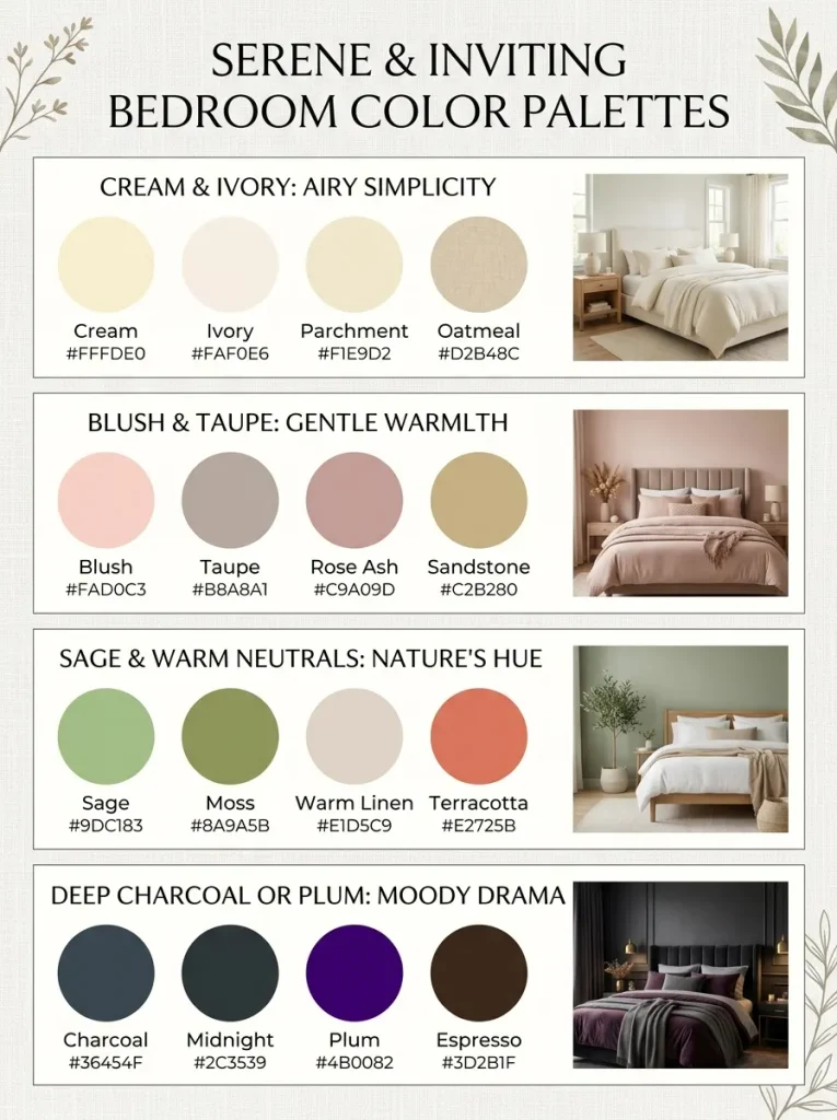 Soft color palettes for romantic bedroom decor.