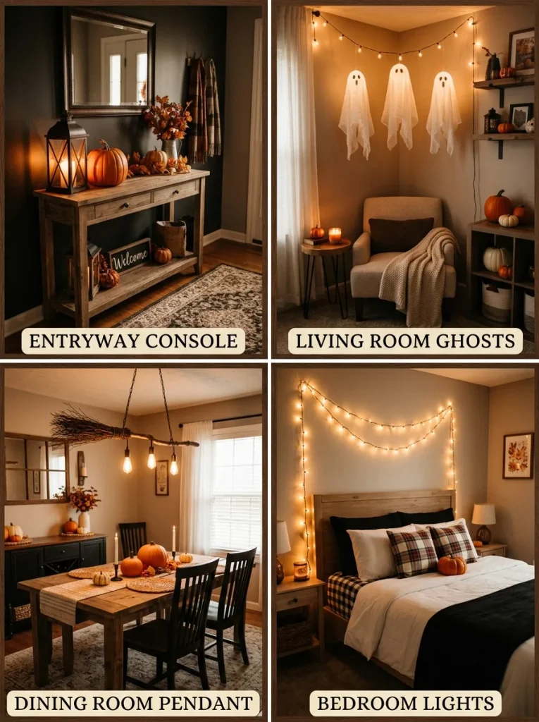 Spooky decor for rooms including entryway, living room, dining room, and bedroom.