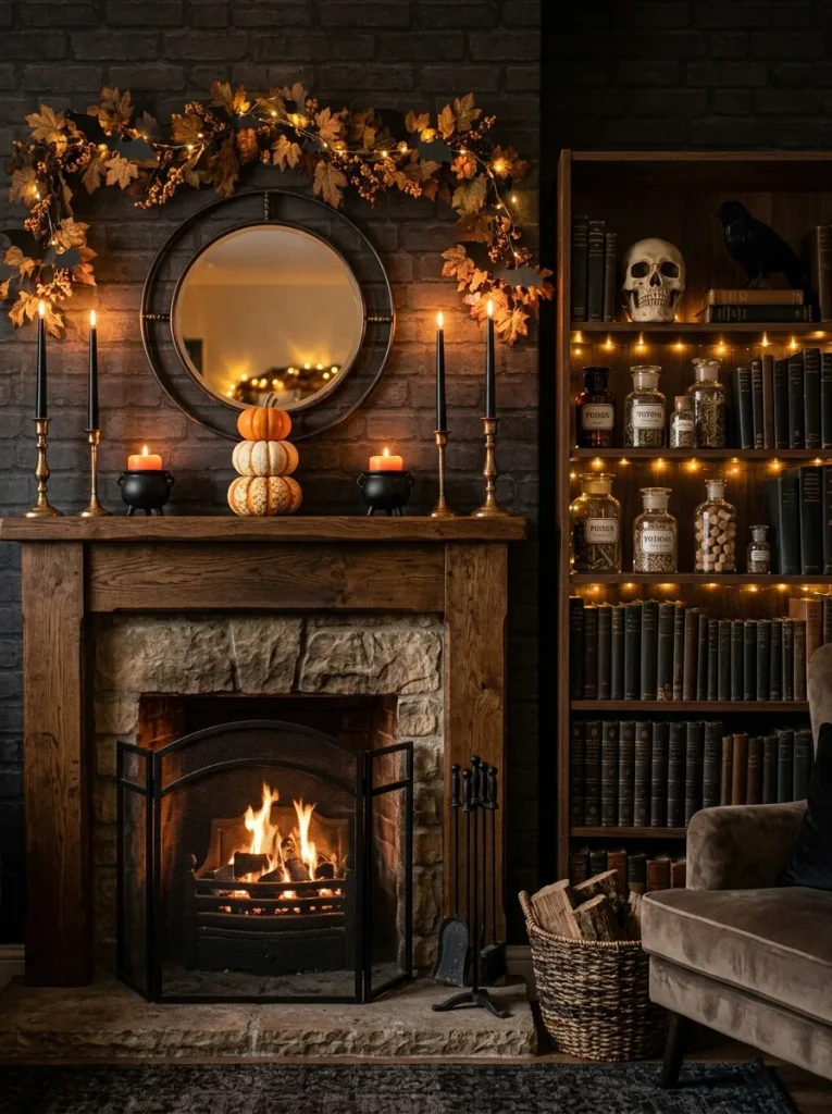 Spooky decor for shelves and mantels with candles, pumpkins, jars, and books.