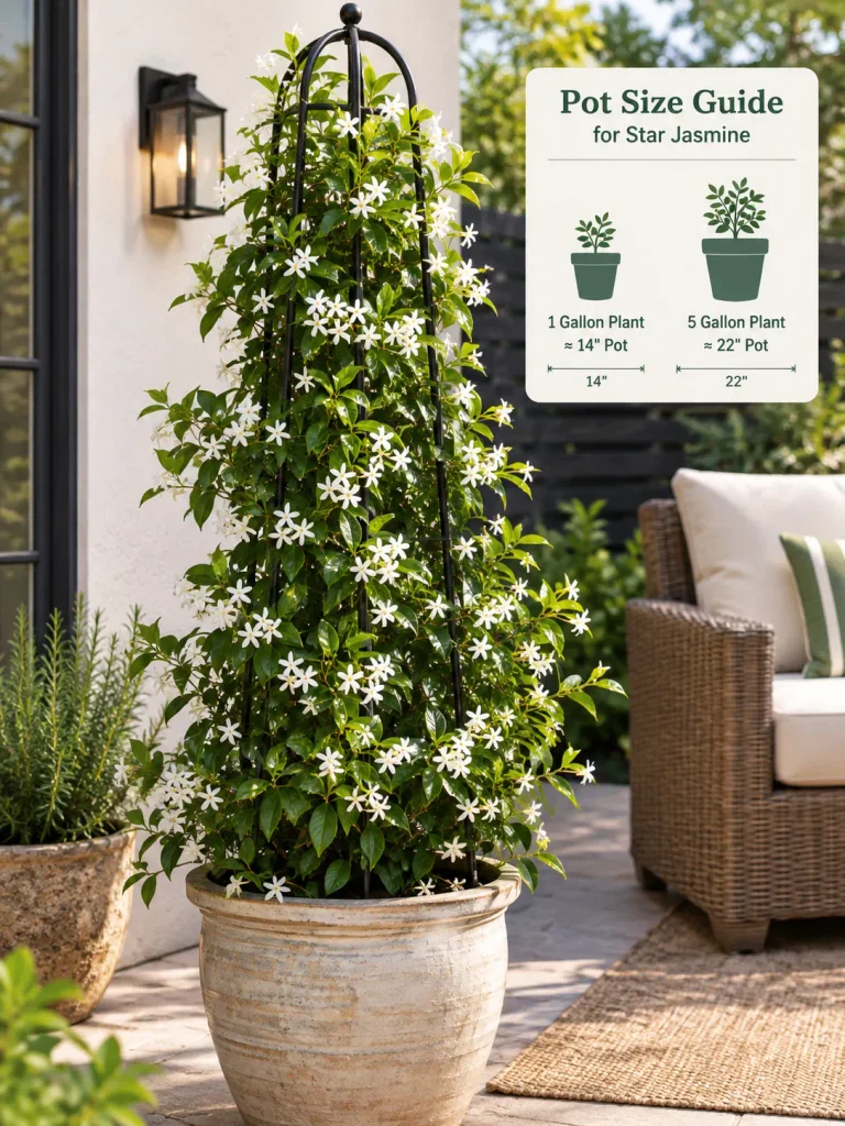 Star jasmine on a trellis growing in a large patio pot.