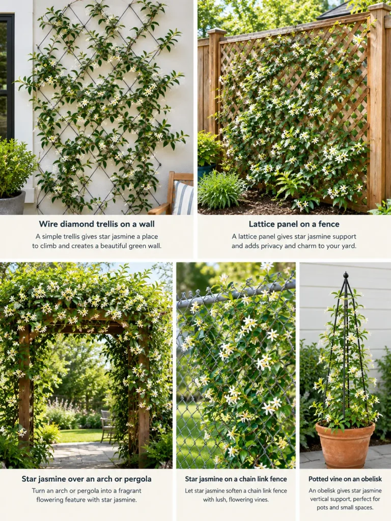 Star jasmine trellis ideas including wire wall, lattice panel, pergola arch, and fence.