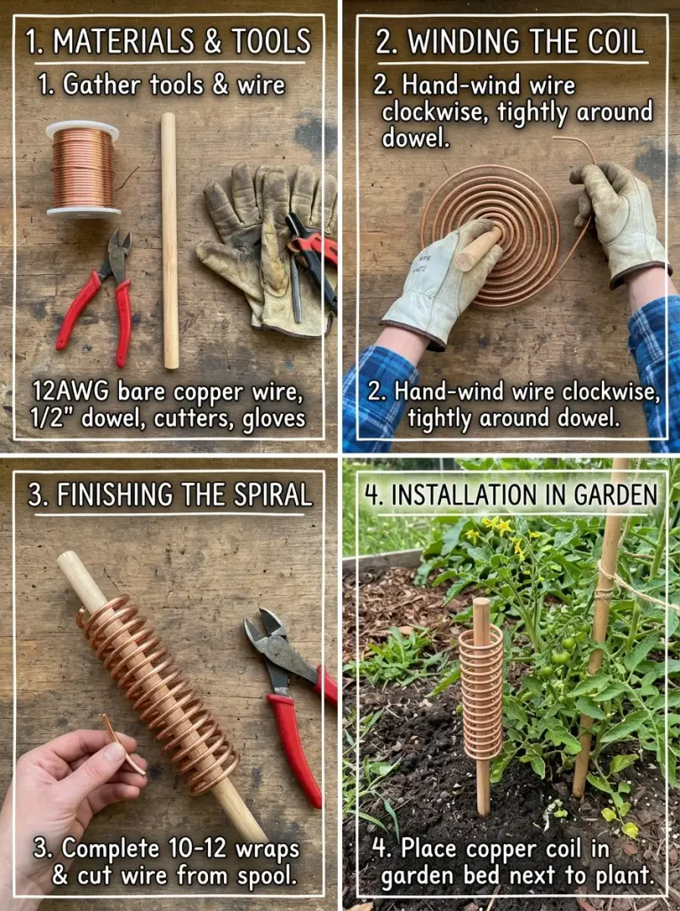 Step by step photos of making a copper wire coil on a wooden stake for a vegetable garden