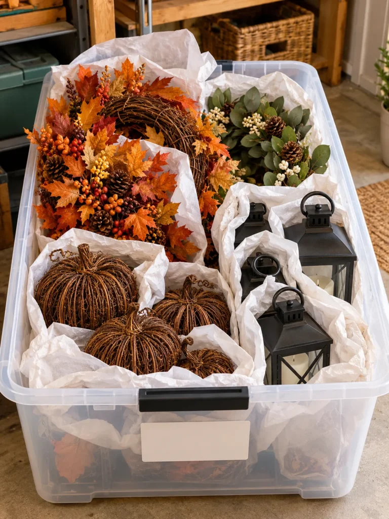 Storage bin with reusable fall porch decor ready for next season