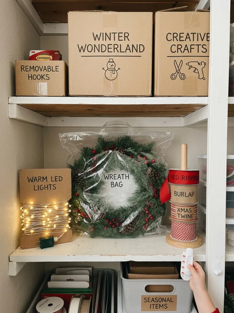 Storing Christmas door decorations with wrapped lights, a wreath bag, and labeled boxes.