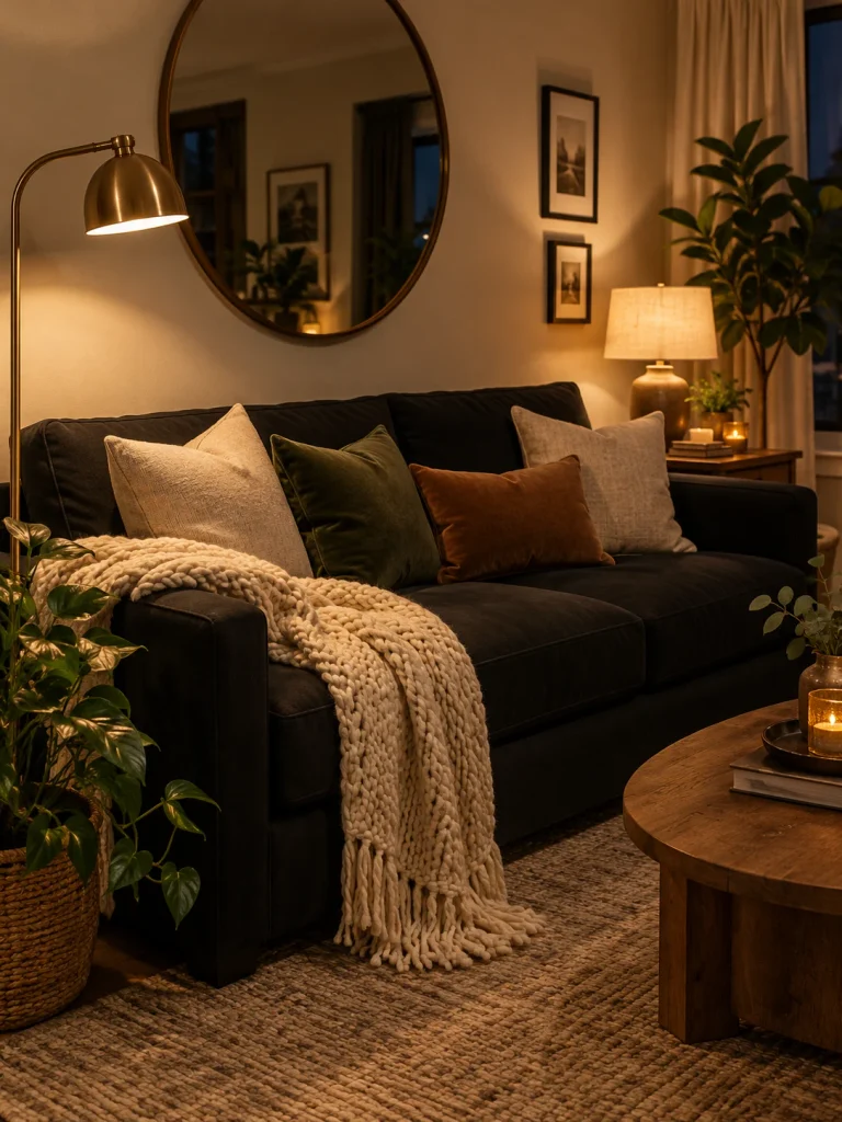 Styled black sofa with layered pillows, throw, brass lamp, and plant
