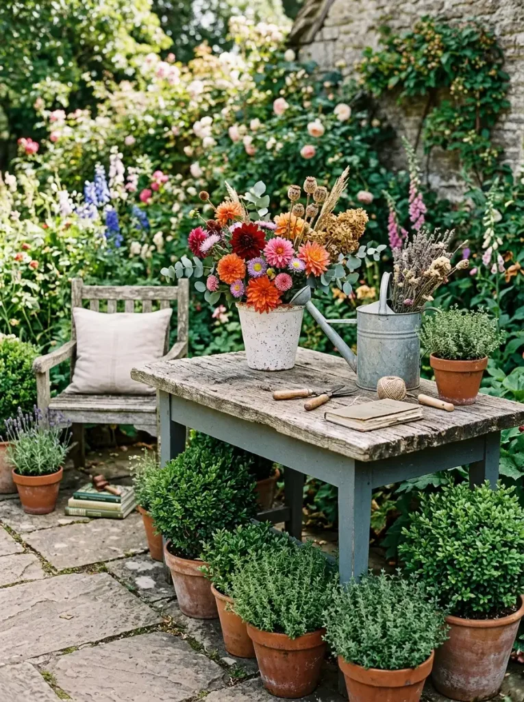 Styled rustic gardening table with flowers, vintage watering can, and potted plants around it]