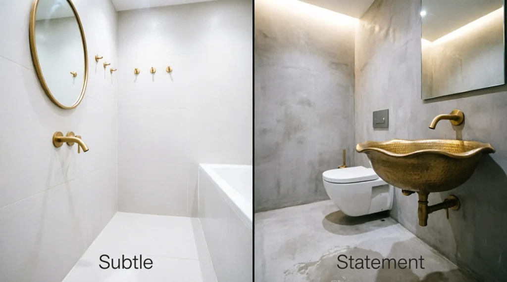 Subtle and statement ways to use gold bathroom decor in a white bathroom