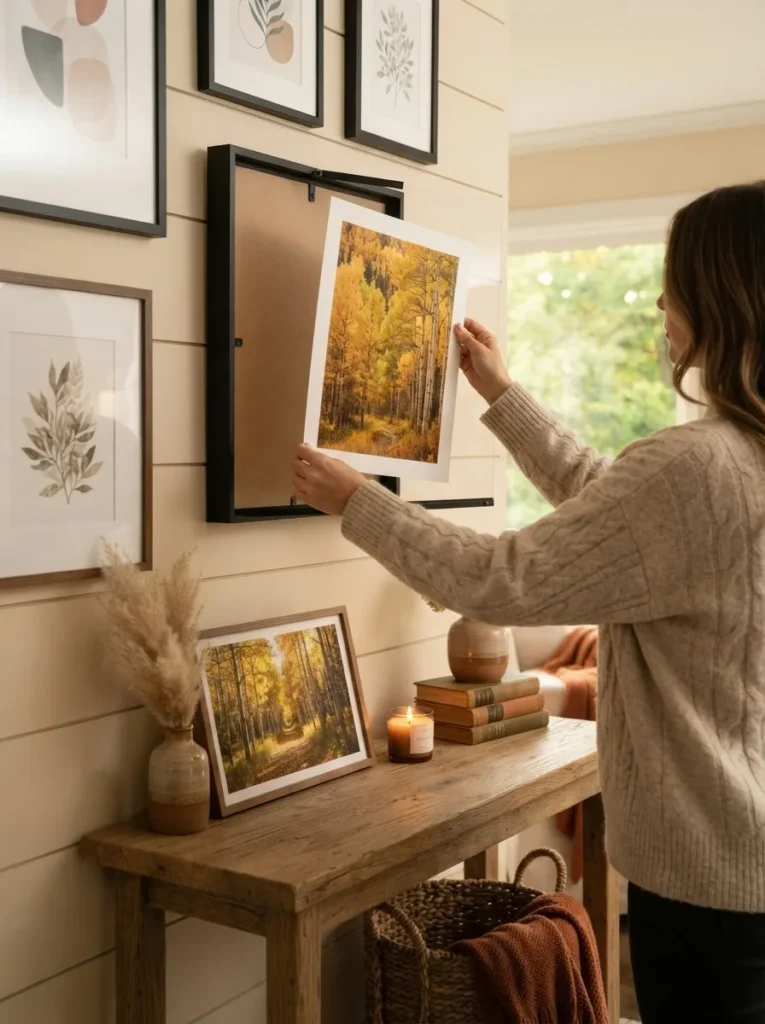 Swapping a summer print for a fall landscape in a frame.