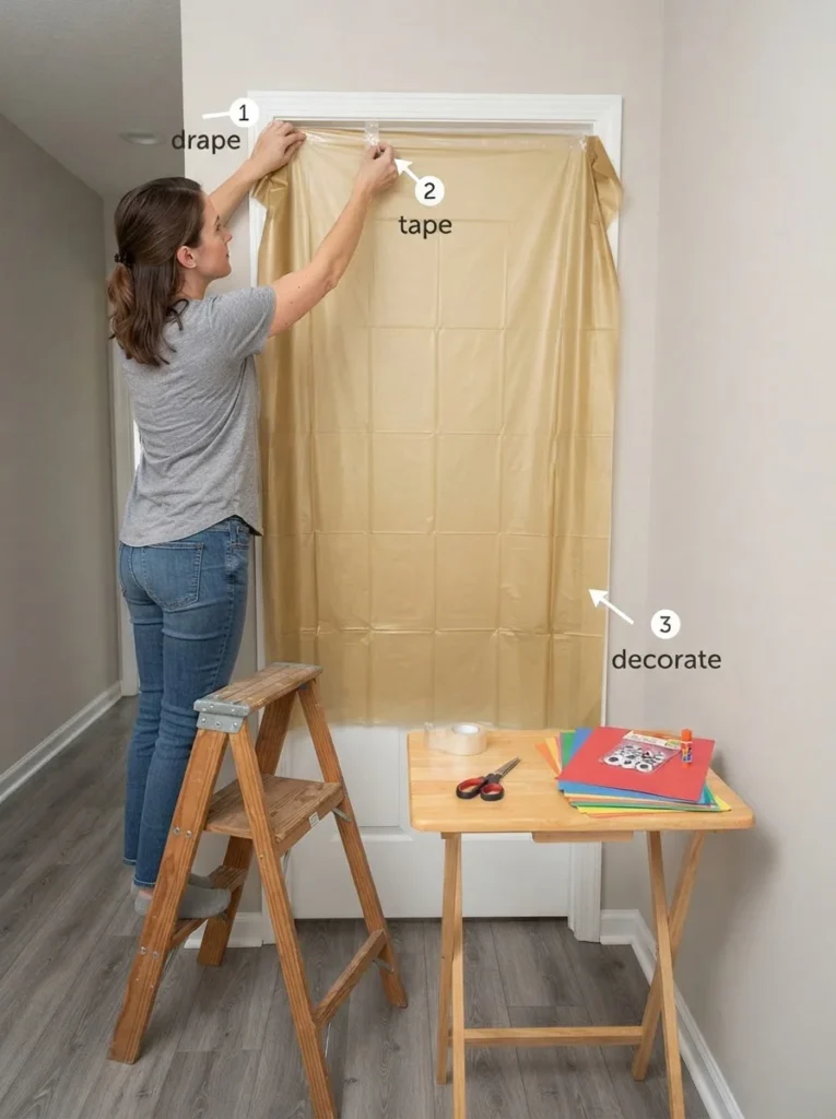 Taping a plastic tablecloth to a door as the base for DIY Halloween door ideas