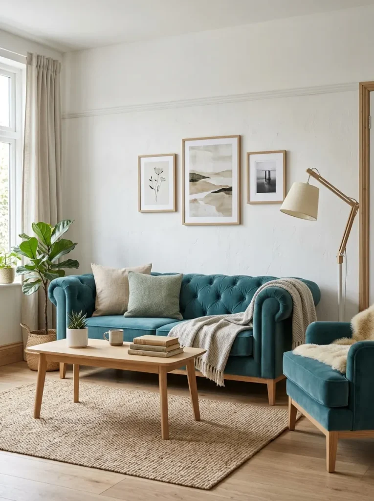 Teal velvet sofa on light wood legs in a white living room