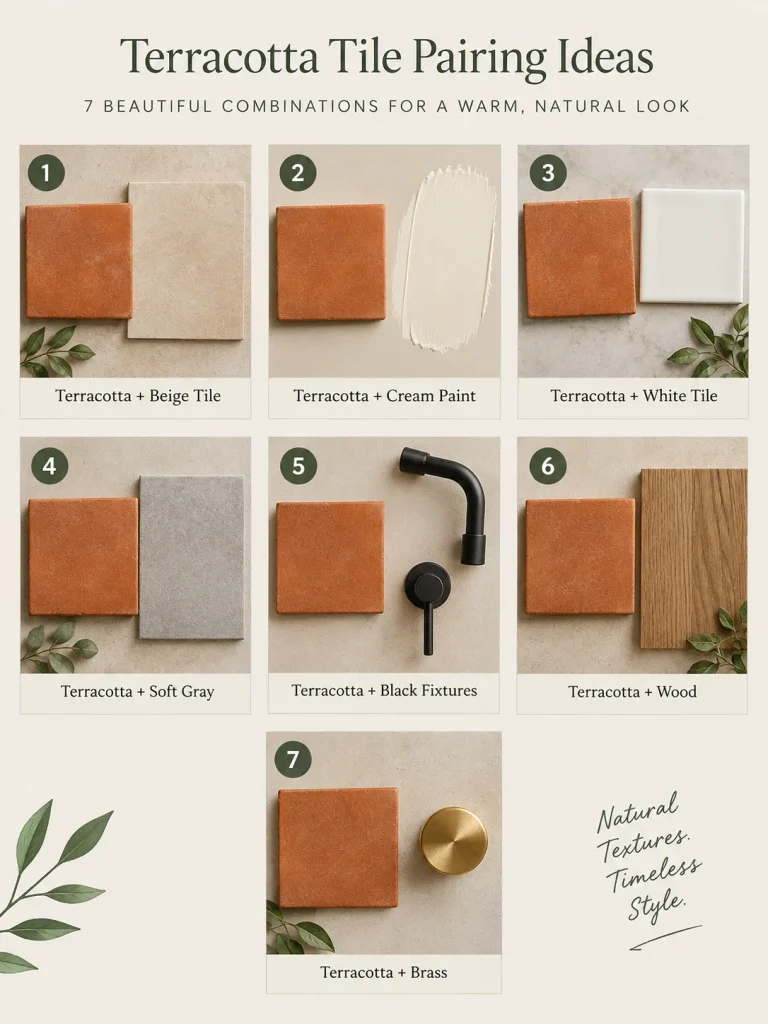 Terracotta and beige bathroom combinations with cream, white, wood, and brass.
