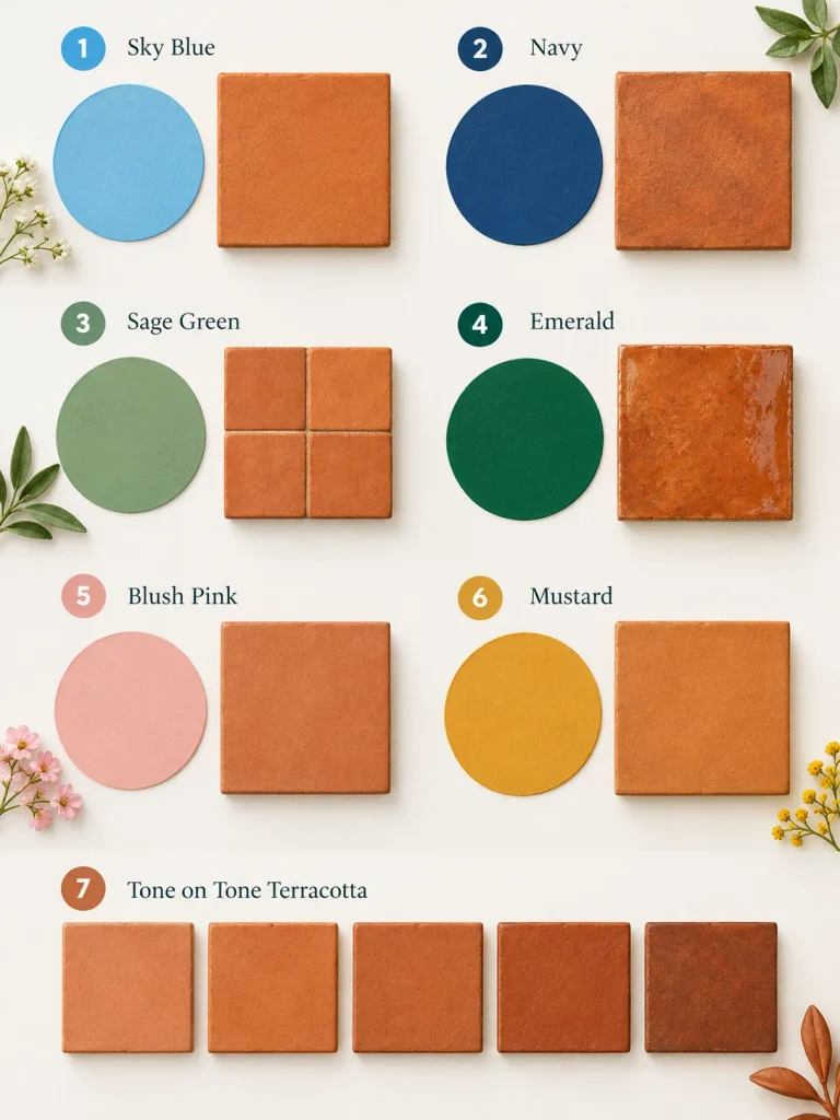 Terracotta and blue bathroom color combinations with green, pink, and mustard.