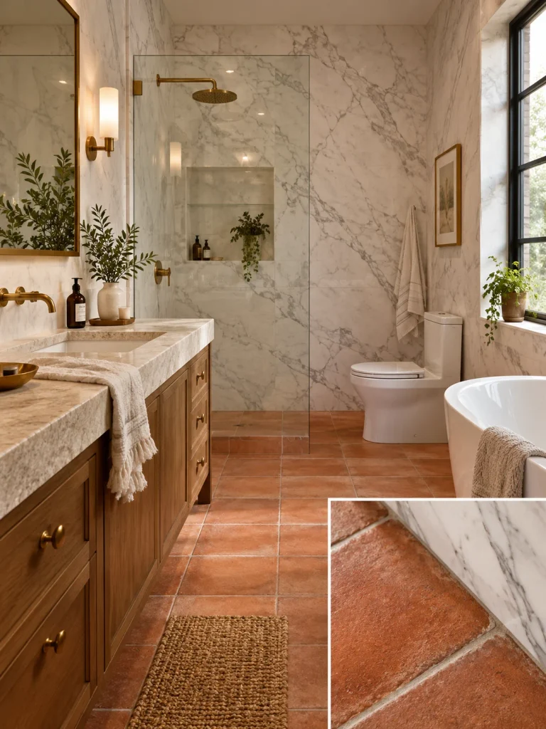 Terracotta and marble bathroom with white marble walls and terracotta floor.