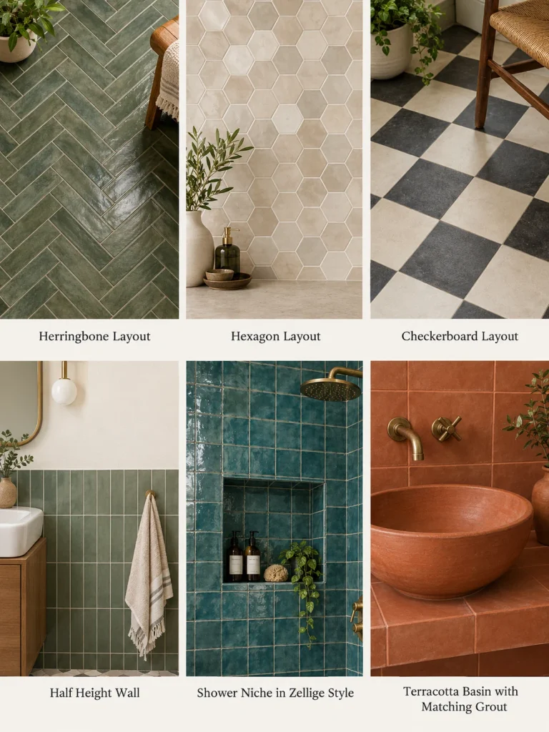 Terracotta bathroom tile layouts including herringbone, hexagon, and checkerboard.