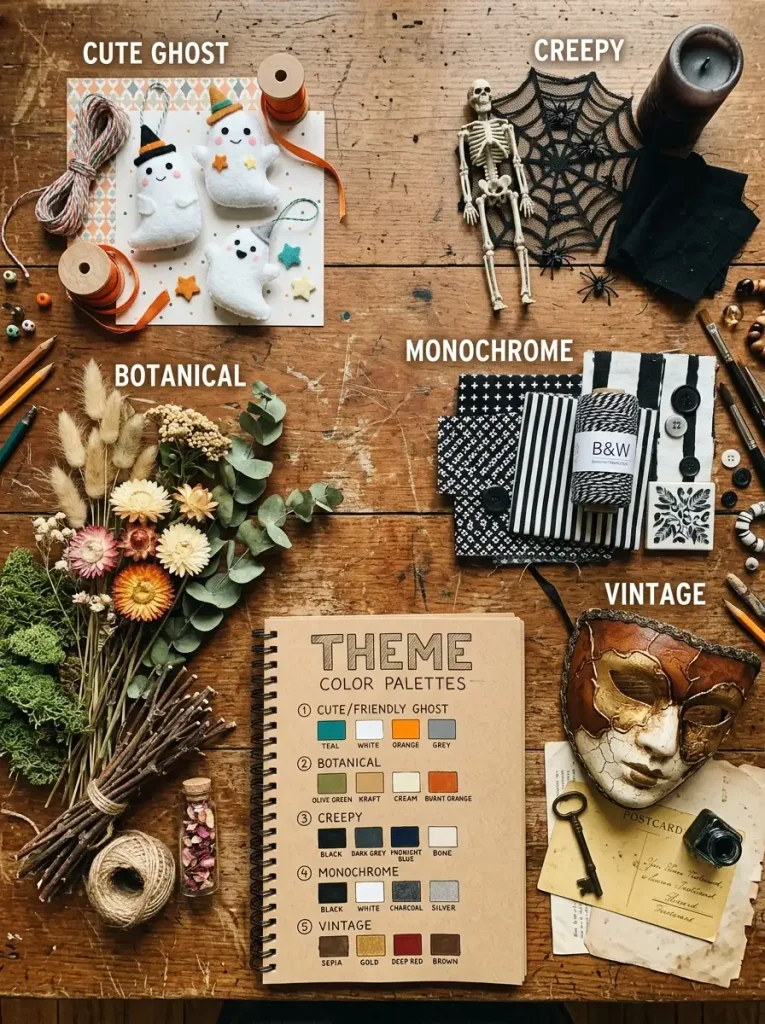 Theme and color planning board for Halloween decorations indoor with five style samples.