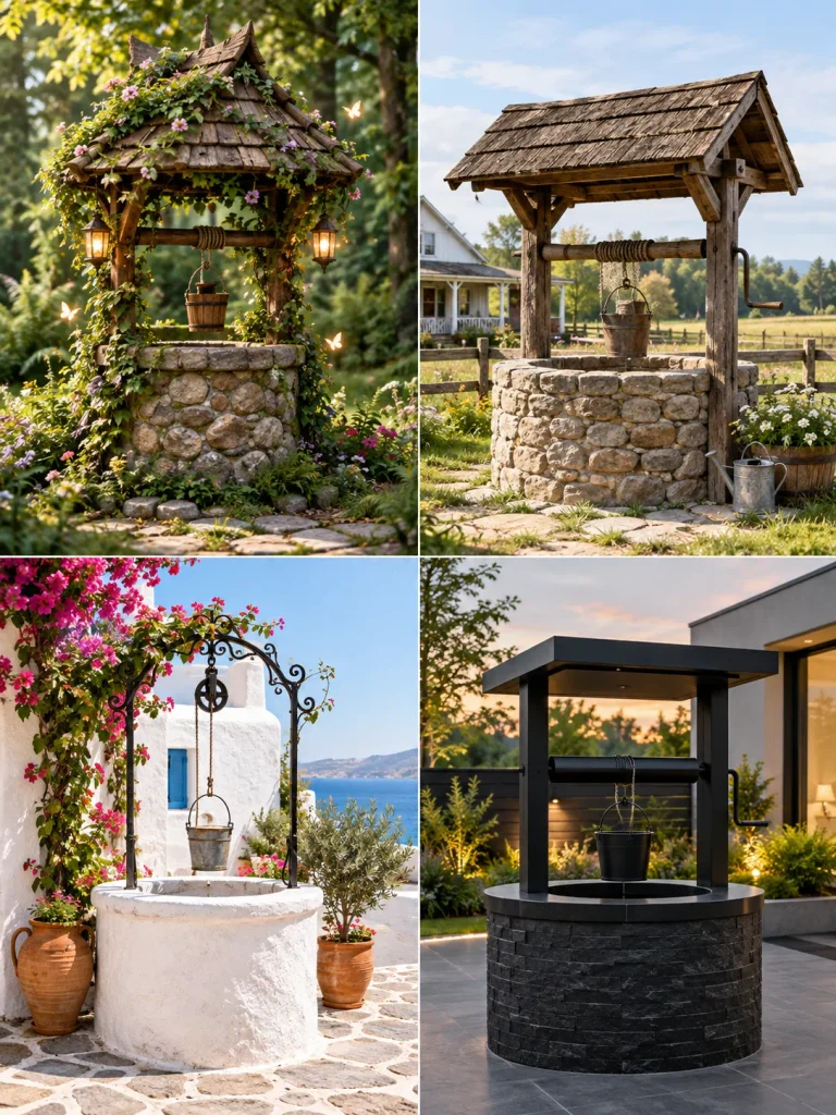 Themed garden wells including fairy, farmhouse, Mediterranean, and modern styles