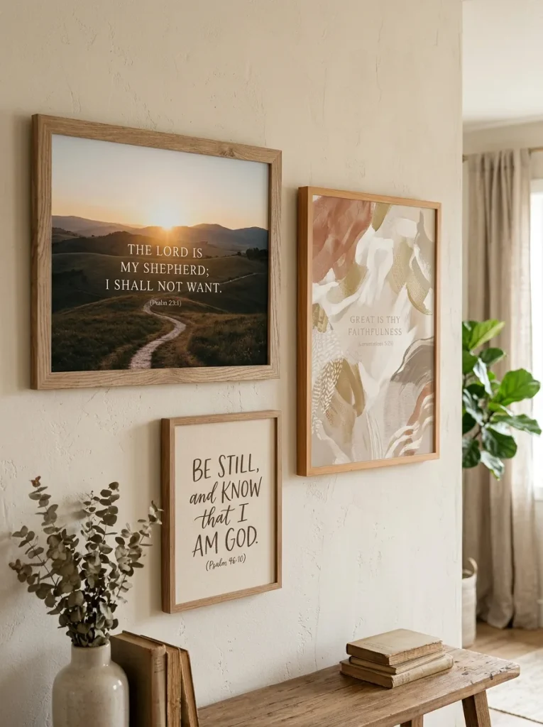 Three Scripture wall art formats including a landscape with a verse, a hand lettered verse, and an abstract print