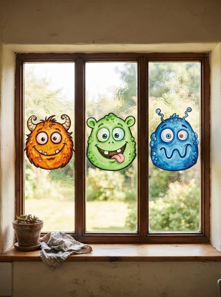 Friendly monster faces painted on window panes for kids Halloween window painting