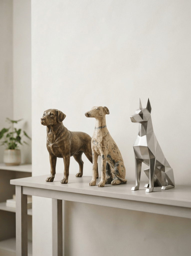 Realistic, rustic, and abstract dog garden decor styles shown side by side