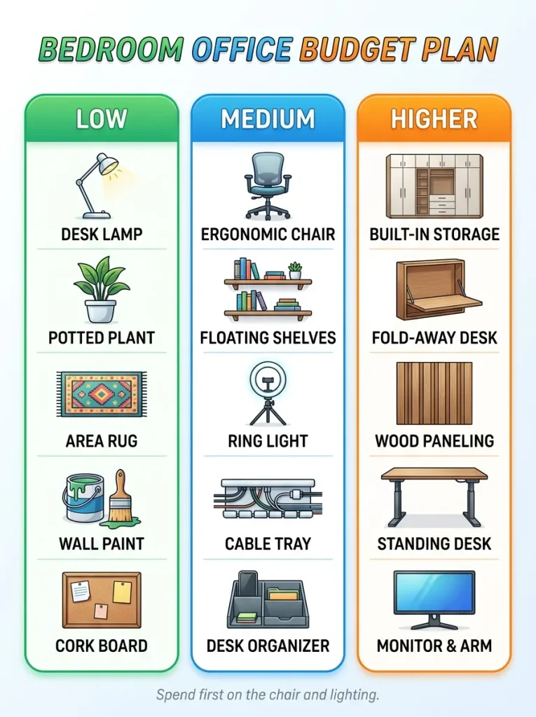 Three level bedroom office decor budget plan with low, medium, and higher cost ideas