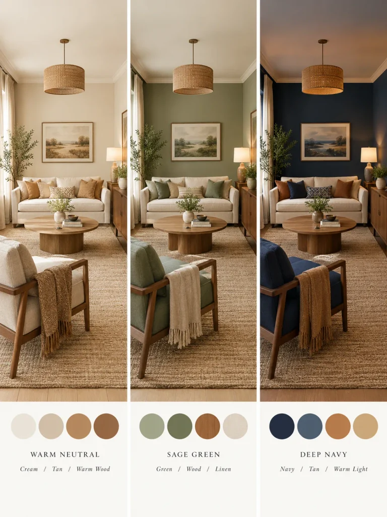 Three living room color schemes in neutral, sage green, and navy