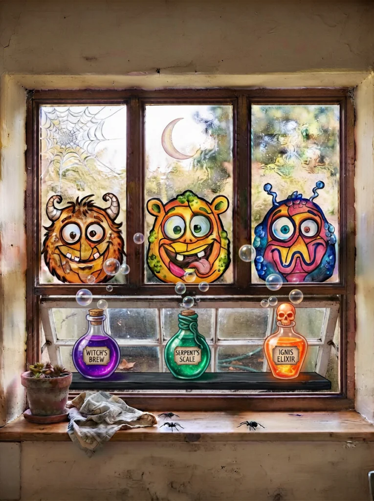 Painted potion bottles on a shelf across a window for Halloween window art