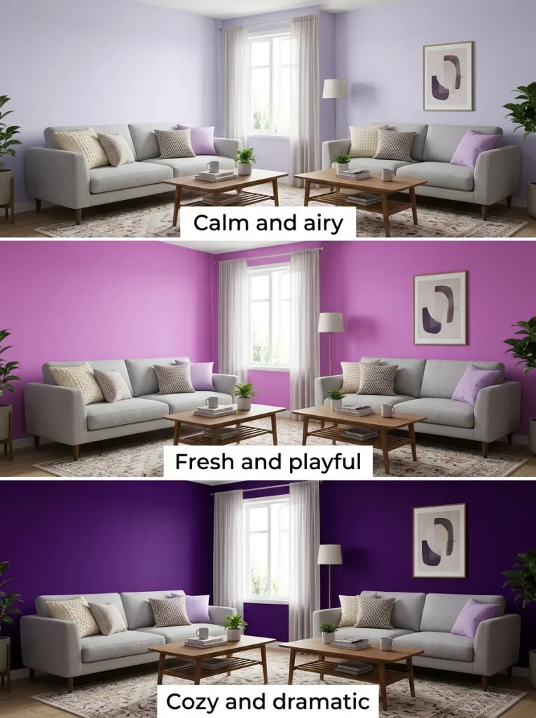 Three versions of a living room with light, mid tone, and dark purple living room walls