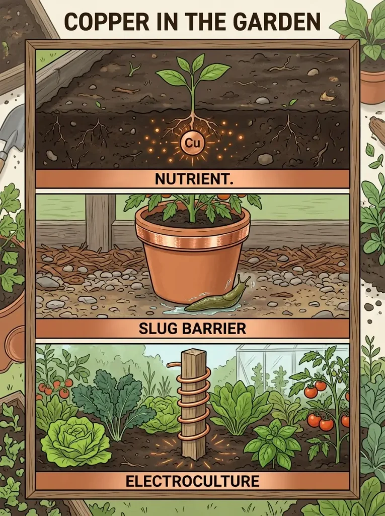 Three ways to use copper for gardening: plant nutrient, slug barrier and electroculture copper coil