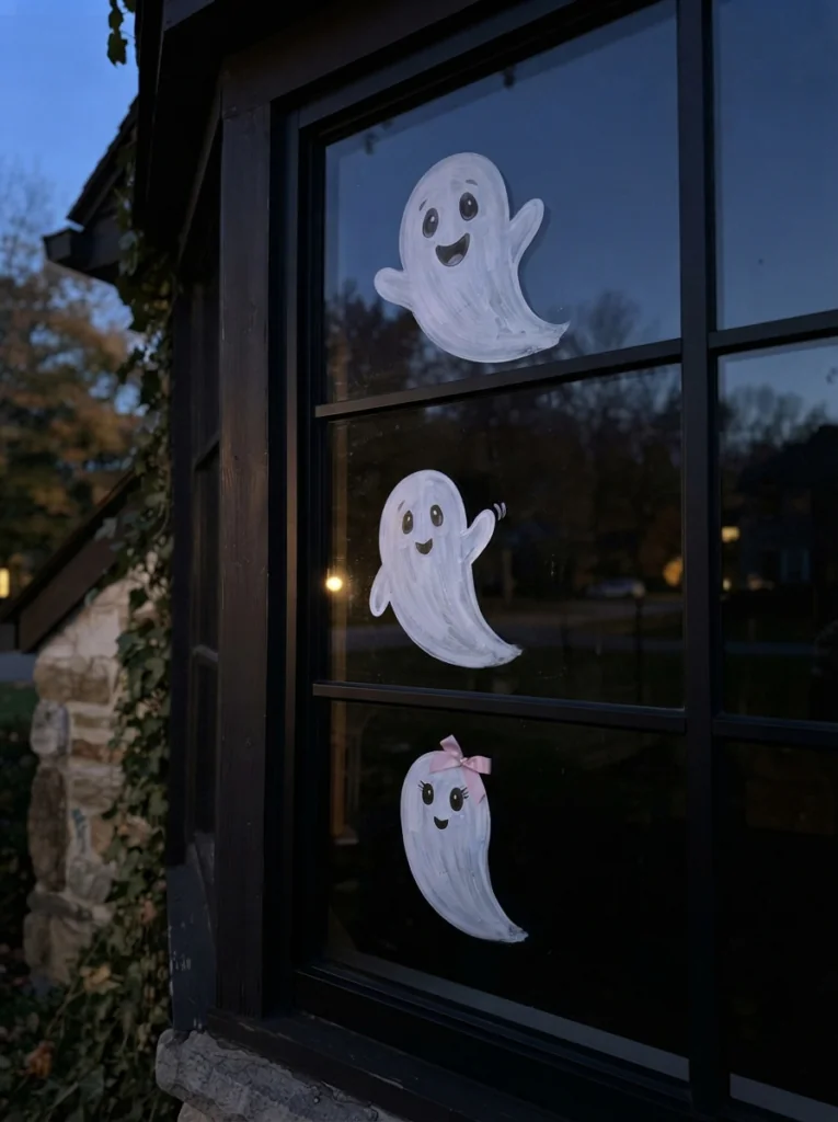 t: Three painted ghosts on a window as an easy Halloween window painting idea