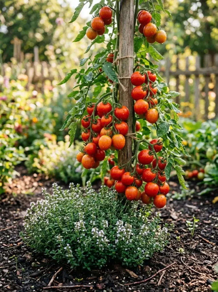 Tomato gardening with thyme planted at the base of ripening tomato plants