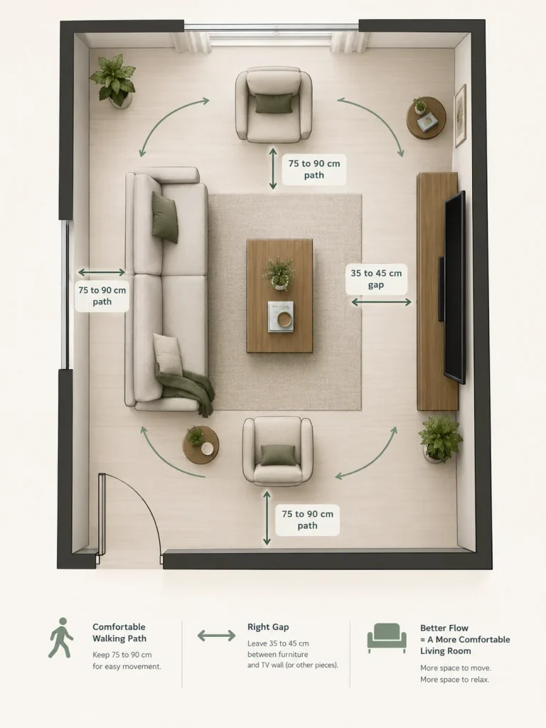 Top view floor plan showing how to arrange living room furniture with walking paths and spacing