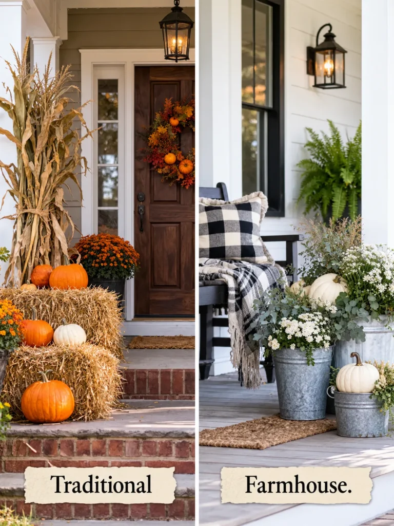 Traditional and farmhouse front porch fall decor styles compared side by side