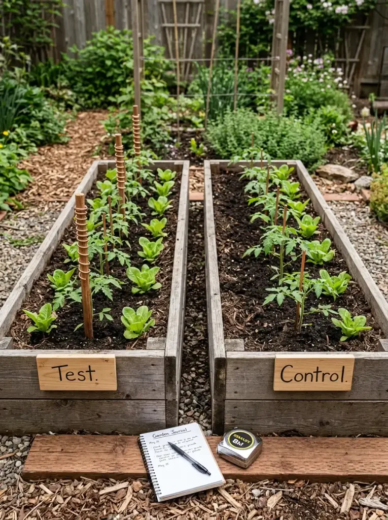 Two matching raised beds, one with copper coil stakes and one without, set up to compare plant growth