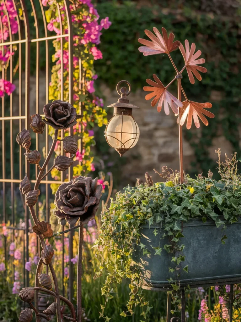 Types of garden decor metal including sculpture, trellis, lantern, wind spinner, and planter