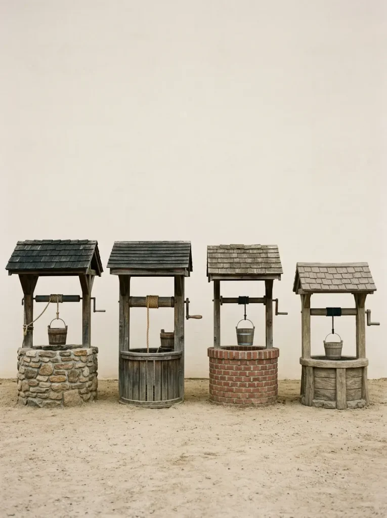 Types of garden wells including stone, wood, brick, and faux resin wishing wells