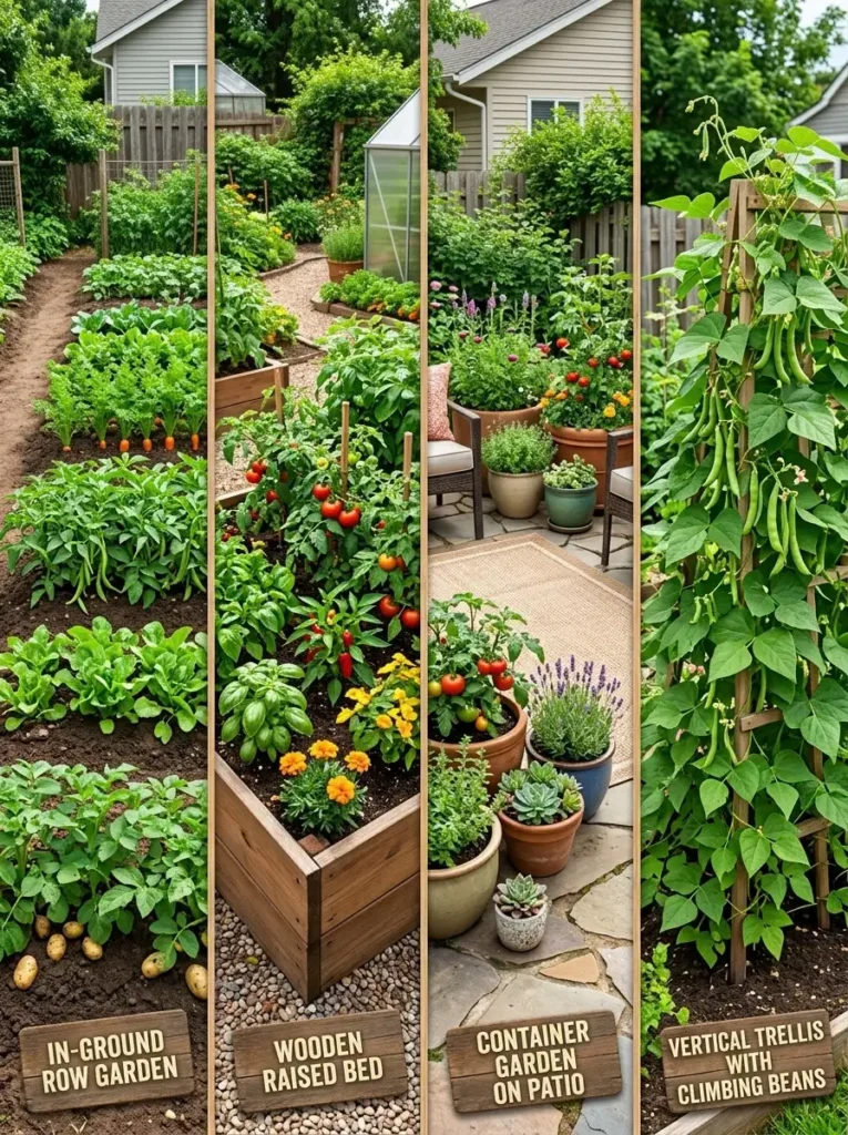 Types of vegetable gardening shown as in ground rows, raised beds, containers, and vertical trellises