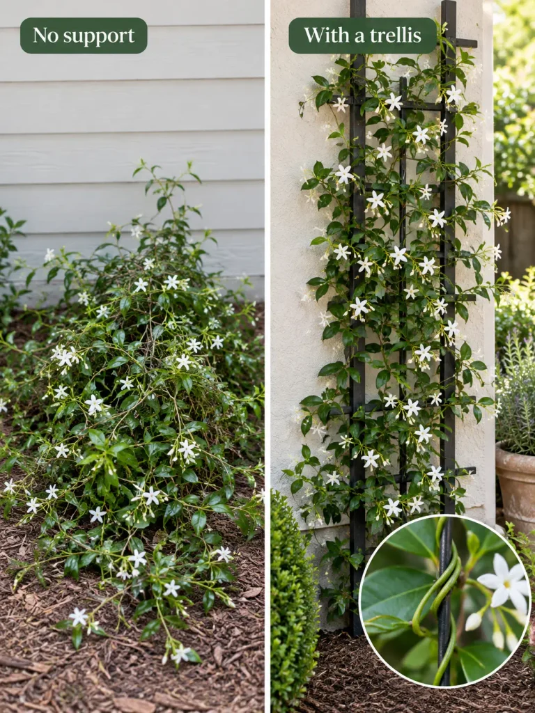Untrained star jasmine mound compared with star jasmine climbing a trellis.