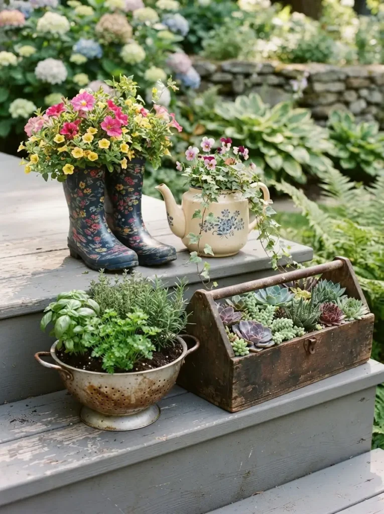 Unusual garden decor planters made from boots, a teapot, and a colander