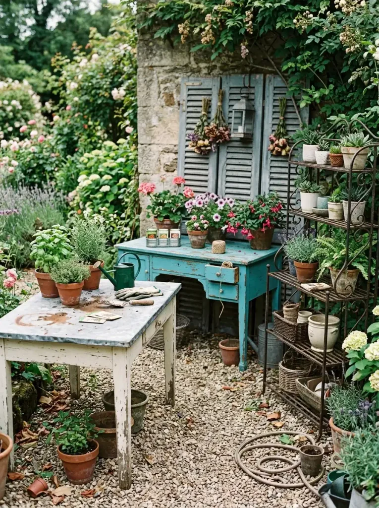 Upcycled gardening table made from an old desk, shutters, and a baker’s rack