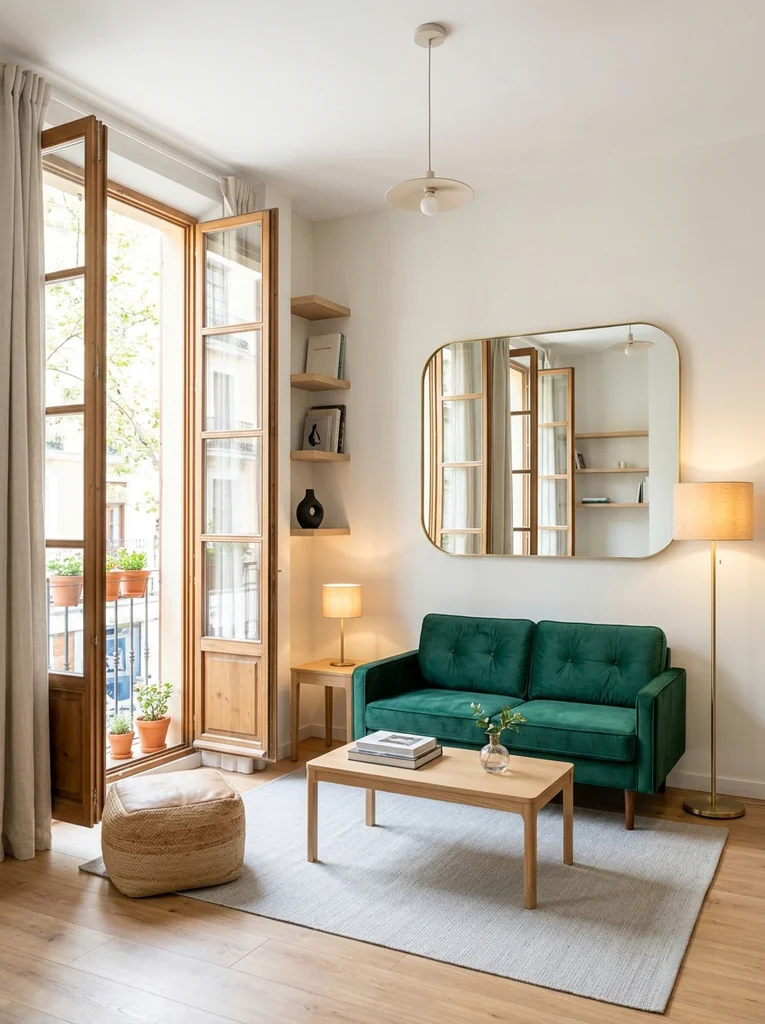  Small living room with emerald sofa, mirror and warm layered lighting
