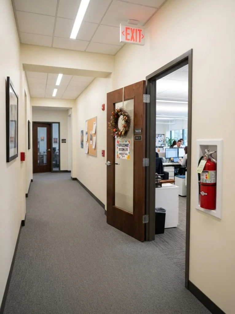Use a clear hallway photo showing a decorated door with a fully open walkway, a visible exit sign, and a fire extinguisher left uncovered.