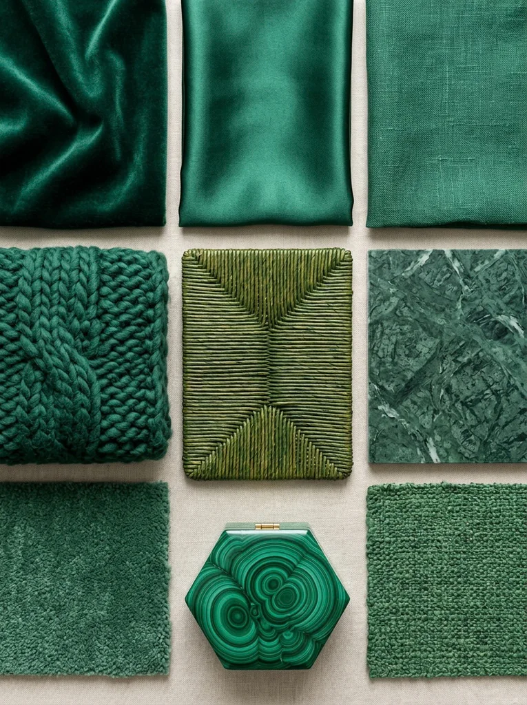  Emerald velvet, silk, linen and marble textures for living room decor