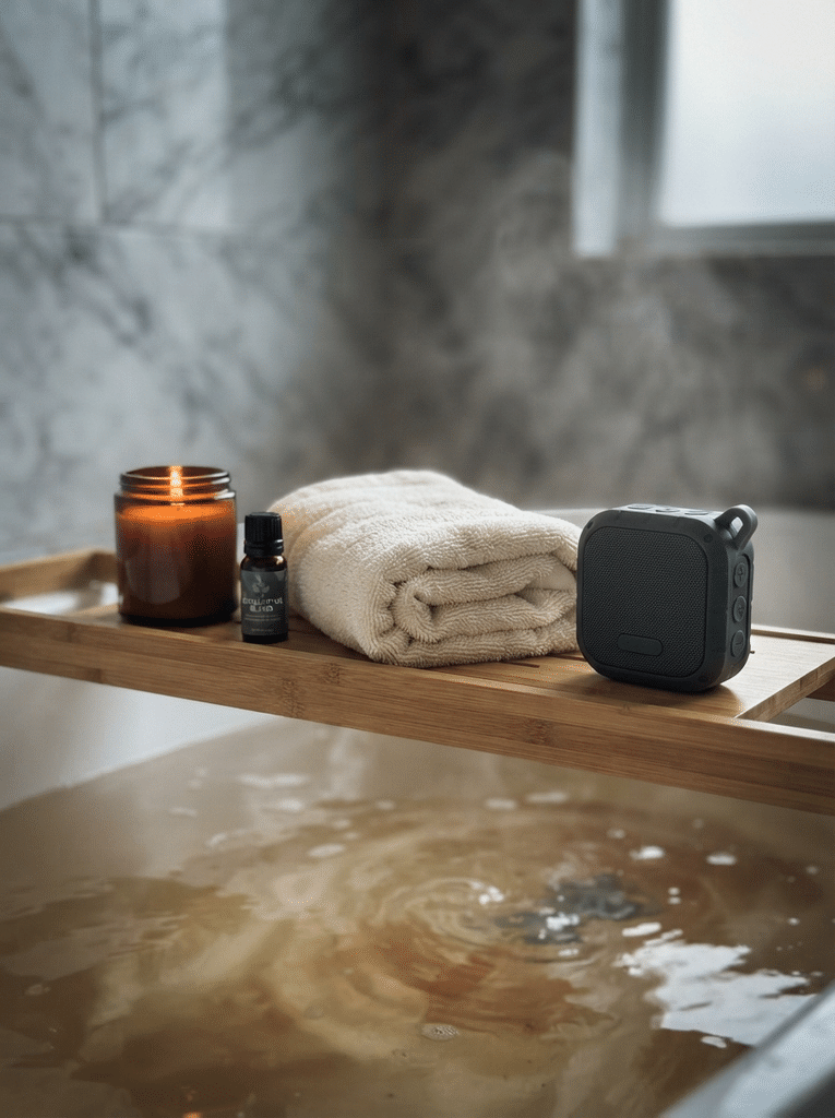 Candle, towel, and speaker setting a sensory budget zen spa bathroom mood