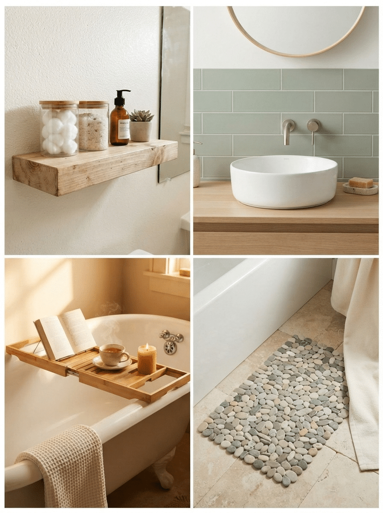  DIY bathroom decor ideas on a budget including shelves, tiles, tray, and pebble mat