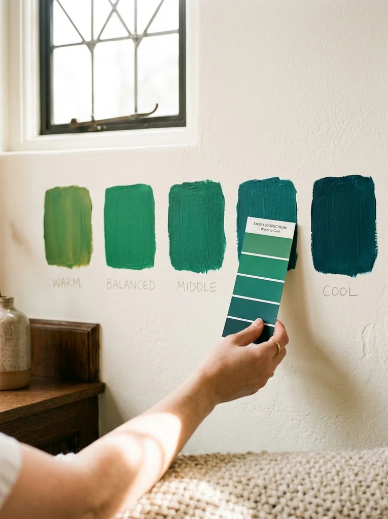 Emerald green paint swatches tested on a living room wall