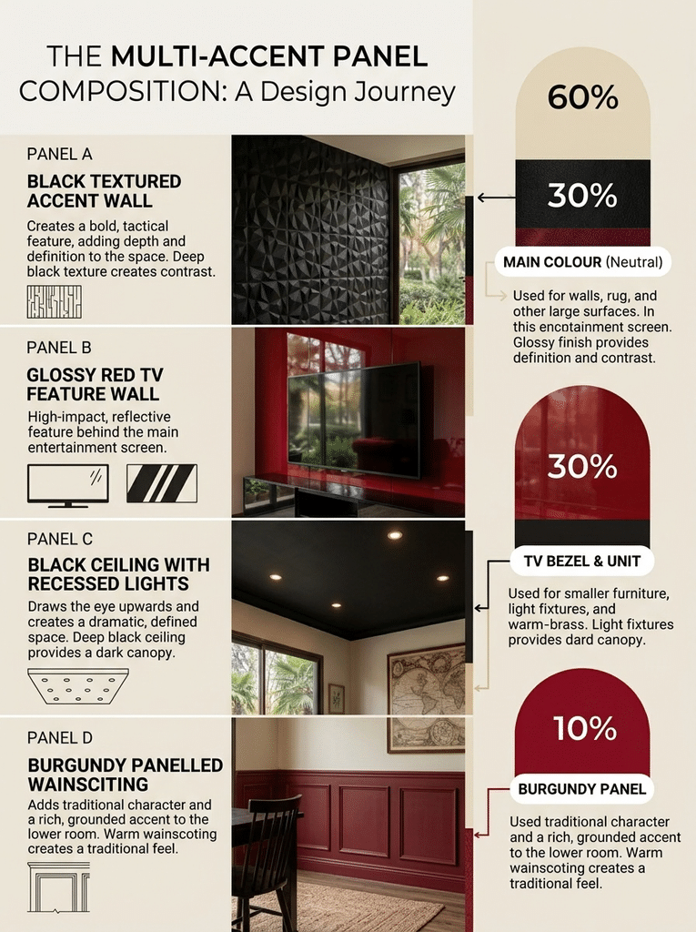 Red and black wall and ceiling ideas for a living room