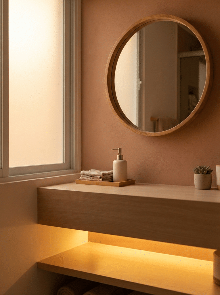 Warm layered lighting and round mirror in a budget zen spa bathroom