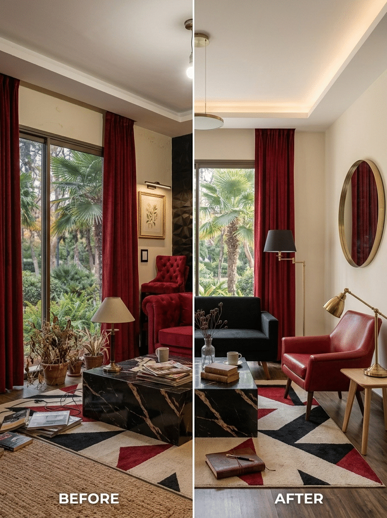 Small red and black living room with mirror and warm lighting